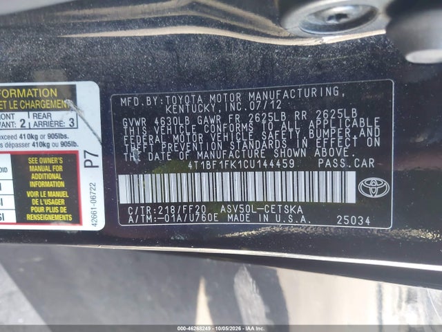 Aukcja sprzedaży 2012 Toyota Camry Se, vin: 4T1BF1FK1CU144459, numer aukcji: 46268249