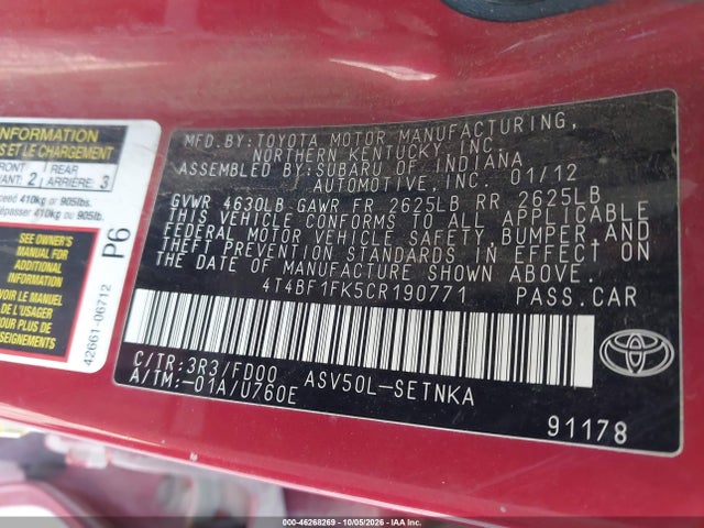 Aukcja sprzedaży 2012 Toyota Camry Le, vin: 4T4BF1FK5CR190771, numer aukcji: 46268269