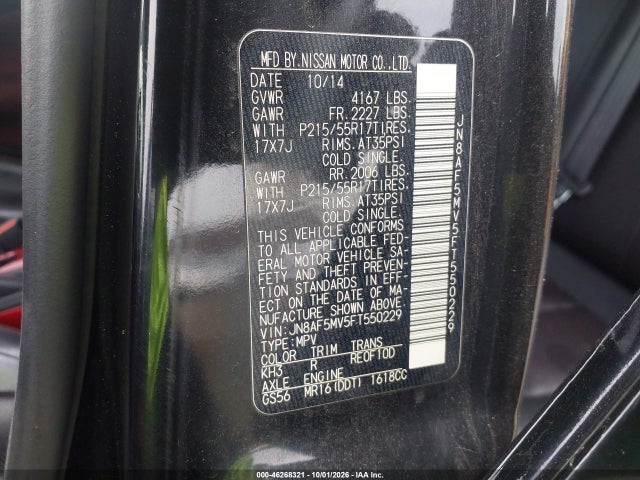 2015 Nissan Juke Sl მანქანა იყიდება აუქციონზე, vin: JN8AF5MV5FT550229, აუქციონის ნომერი: 46268321