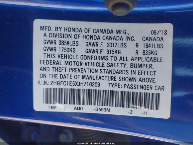 2018 Honda Civic Si მანქანა იყიდება აუქციონზე, vin: 2HGFC1E5XJH710209, აუქციონის ნომერი: 46268324