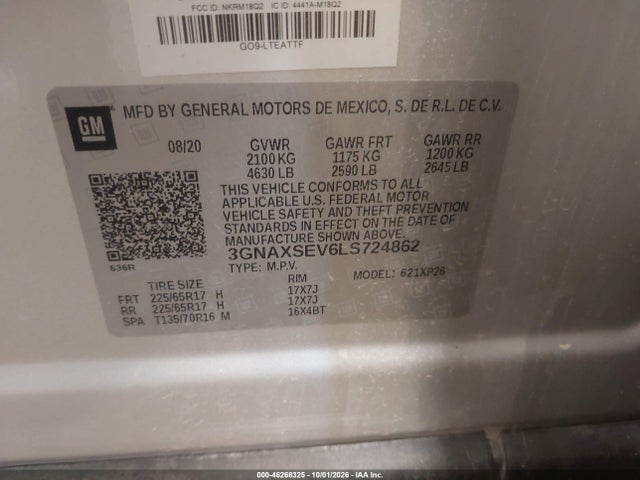 Aukcja sprzedaży 2020 Chevrolet Equinox Awd Ls, vin: 3GNAXSEV6LS724862, numer aukcji: 46268325