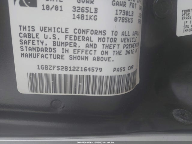 46268326 :رقم المزاد ، 1G8ZF52812Z164579 vin ، 2002 Saturn S-series Sl مزاد بيع