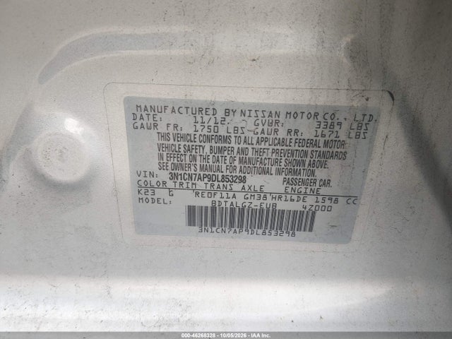 Продажа на аукционе авто 2013 Nissan Versa 1.6 Sl, vin: 3N1CN7AP9DL853298, номер лота: 46268328