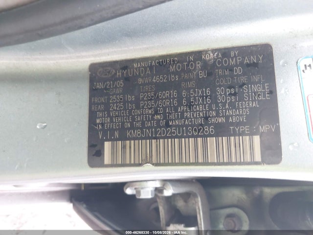 Auction sale of the 2005 Hyundai Tucson Gls/lx, vin: KM8JN12D25U130286, lot number: 46268330