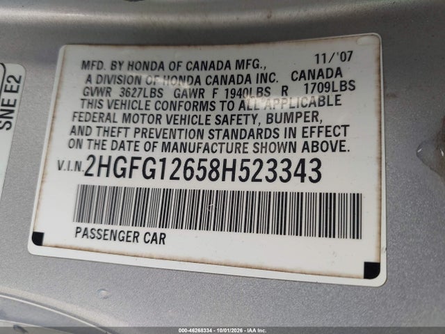 Aukcja sprzedaży 2008 Honda Civic Lx, vin: 2HGFG12658H523343, numer aukcji: 46268334