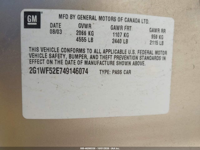 Aukcja sprzedaży 2004 Chevrolet Impala, vin: 2G1WF52E749146074, numer aukcji: 46268338