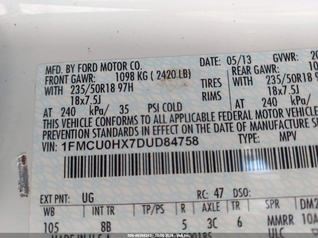 Продаж на аукціоні авто 2013 Ford Escape Sel, vin: 1FMCU0HX7DUD84758, номер лоту: 46268345