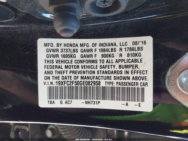 2016 Honda Civic Lx მანქანა იყიდება აუქციონზე, vin: 19XFC2F50GE082958, აუქციონის ნომერი: 46268346