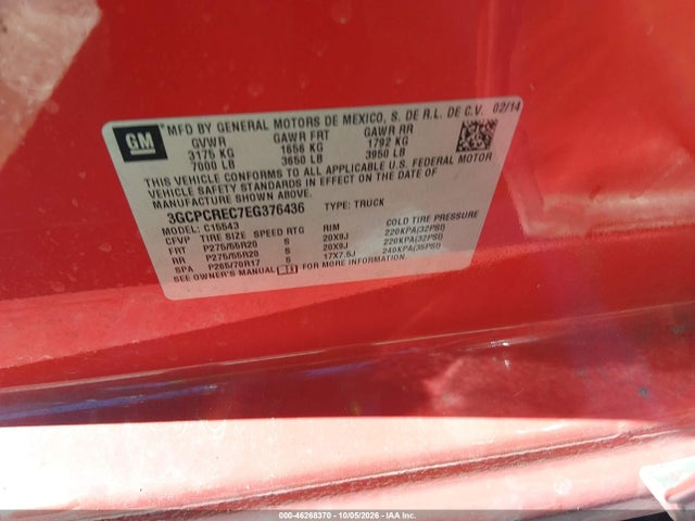 3GCPCREC7EG376436 Chevrolet Silverado 1500 Lt