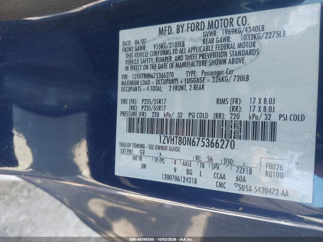 Aukcja sprzedaży 2007 Ford Mustang V6 Deluxe/v6 Premium, vin: 1ZVHT80N675366270, numer aukcji: 46268380