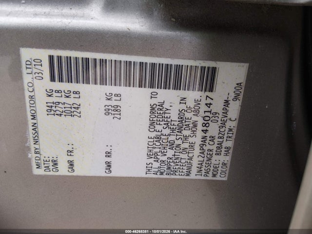 46268381 :رقم المزاد ، 1N4AL2AP9AN480147 vin ، 2010 Nissan Altima 2.5 S مزاد بيع