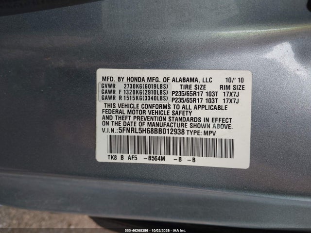 46268386 :رقم المزاد ، 5FNRL5H68BB012938 vin ، 2011 Honda Odyssey Ex-l مزاد بيع