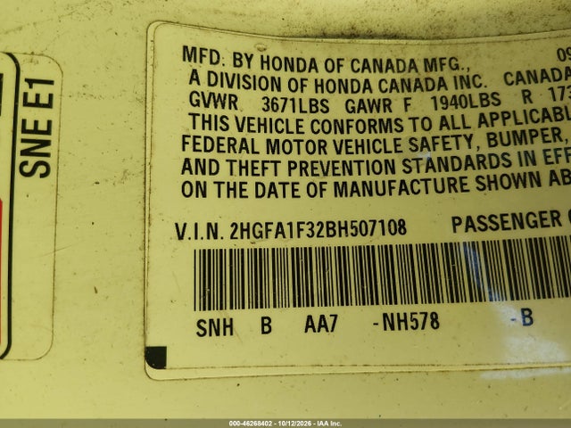 Продаж на аукціоні авто 2011 Honda Civic Vp, vin: 2HGFA1F32BH507108, номер лоту: 46268402