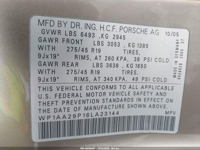 Продаж на аукціоні авто 2006 Porsche Cayenne, vin: WP1AA29P16LA23144, номер лоту: 46268407