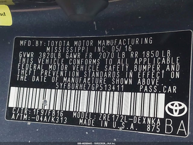 Aukcja sprzedaży 2016 Toyota Corolla Le, vin: 5YFBURHE7GP513411, numer aukcji: 46268443