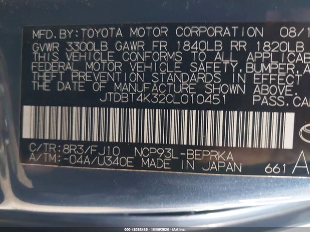 2012 Toyota Yaris მანქანა იყიდება აუქციონზე, vin: JTDBT4K32CL010451, აუქციონის ნომერი: 46268465