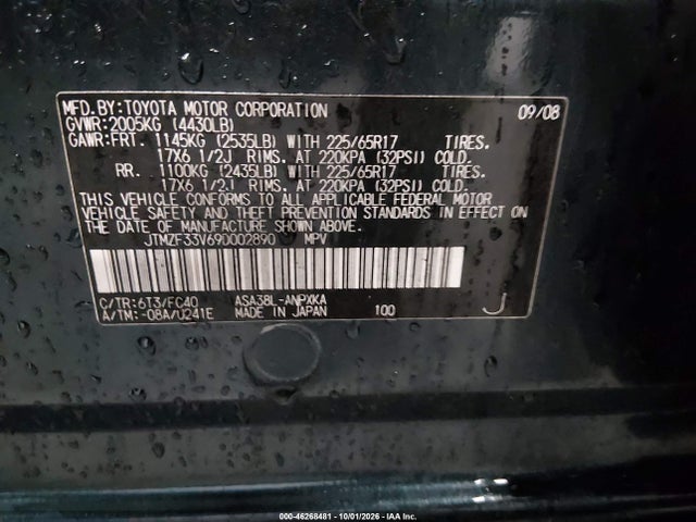 Aukcja sprzedaży 2009 Toyota Rav4, vin: JTMZF33V69D002890, numer aukcji: 46268481