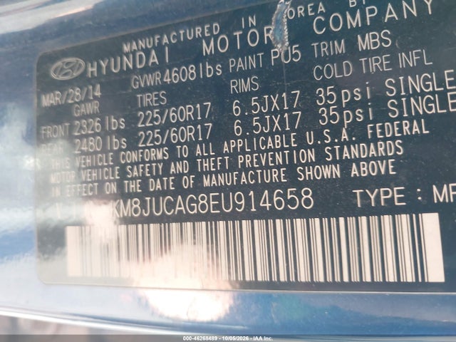 Продаж на аукціоні авто 2014 Hyundai Tucson Se, vin: KM8JUCAG8EU914658, номер лоту: 46268489