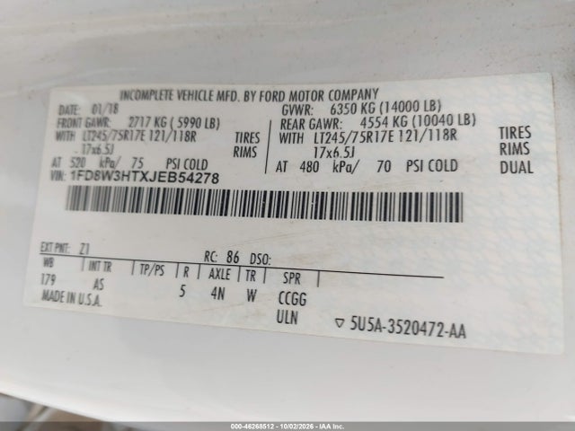 46268512 :رقم المزاد ، 1FD8W3HTXJEB54278 vin ، 2018 Ford F-350 Chassis Xl مزاد بيع