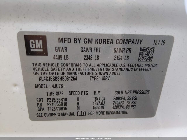 46268522 :رقم المزاد ، KL4CJESB8HB081264 vin ، 2017 Buick Encore Preferred مزاد بيع