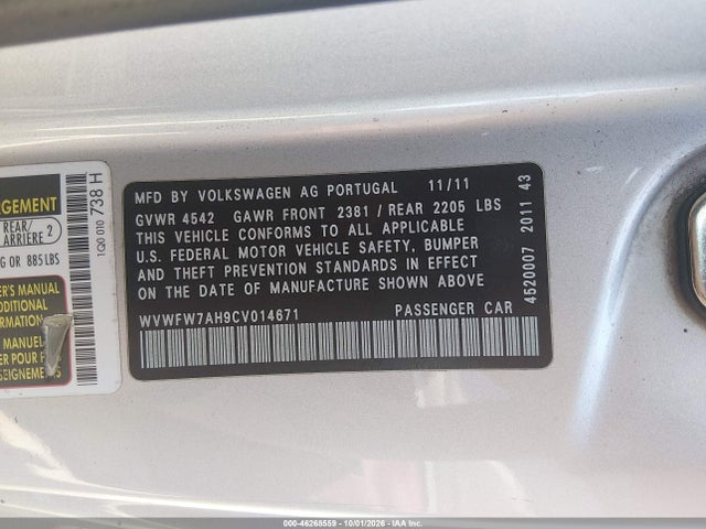 Продажа на аукционе авто 2012 Volkswagen Eos Lux, vin: WVWFW7AH9CV014671, номер лота: 46268559