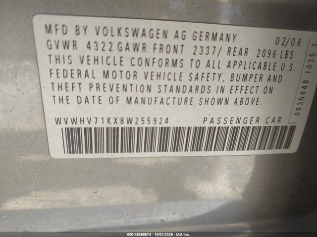 46268574 :رقم المزاد ، WVWHV71KX8W255924 vin ، 2008 Volkswagen Gti 4-door مزاد بيع