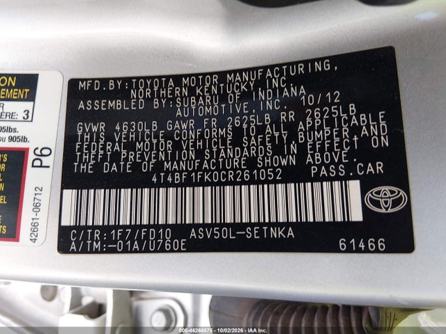 Aukcja sprzedaży 2012 Toyota Camry Le, vin: 4T4BF1FK0CR261052, numer aukcji: 46268575