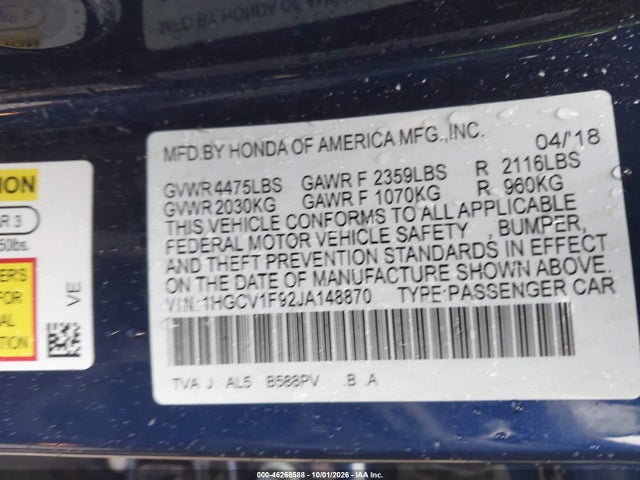 Aukcja sprzedaży 2018 Honda Accord Touring, vin: 1HGCV1F92JA148870, numer aukcji: 46268588