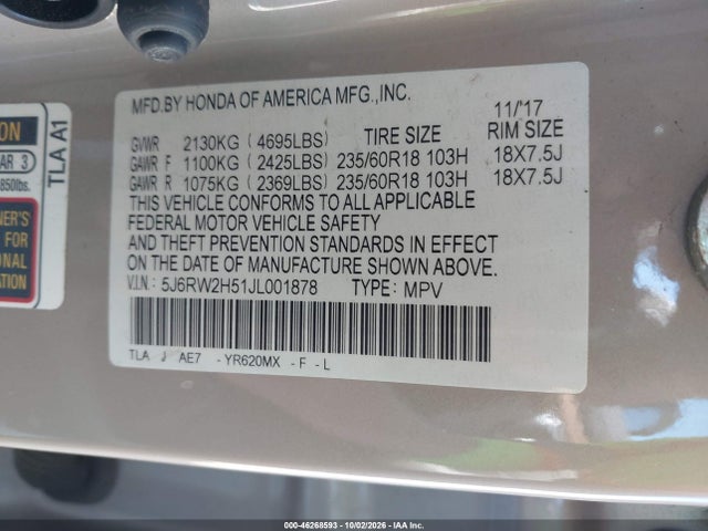 Продаж на аукціоні авто 2018 Honda Cr-v Ex, vin: 5J6RW2H51JL001878, номер лоту: 46268593