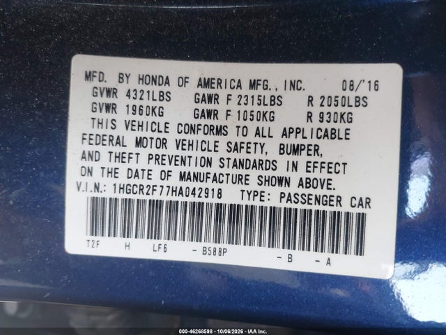 2017 Honda Accord Ex მანქანა იყიდება აუქციონზე, vin: 1HGCR2F77HA042918, აუქციონის ნომერი: 46268598