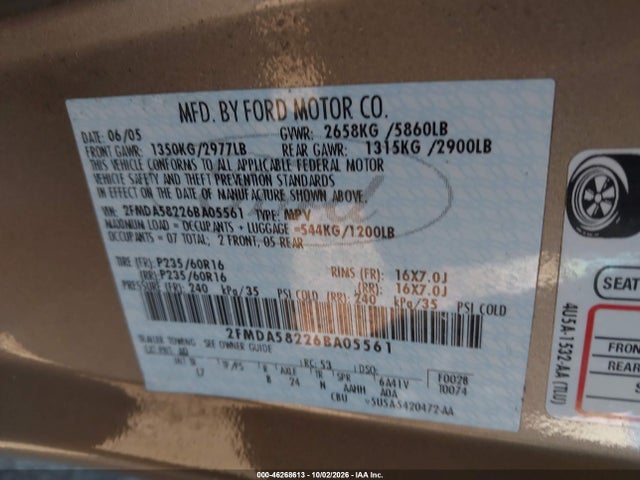 46268613 :رقم المزاد ، 2FMDA58226BA05561 vin ، 2006 Ford Freestar Limited مزاد بيع