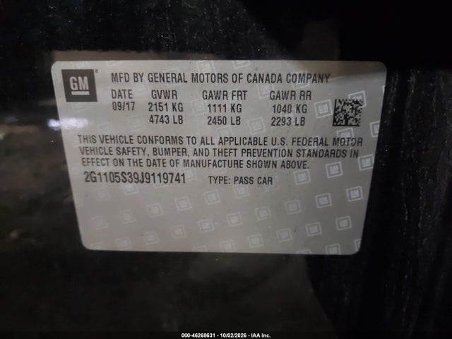 46268631 :رقم المزاد ، 2G1105S39J9119741 vin ، 2018 Chevrolet Impala 1lt مزاد بيع