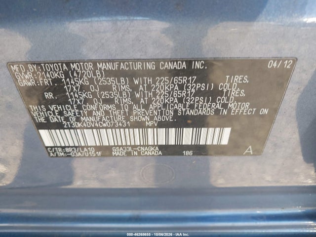 Aukcja sprzedaży 2012 Toyota Rav4 Limited V6, vin: 2T3DK4DV4CW073431, numer aukcji: 46268655