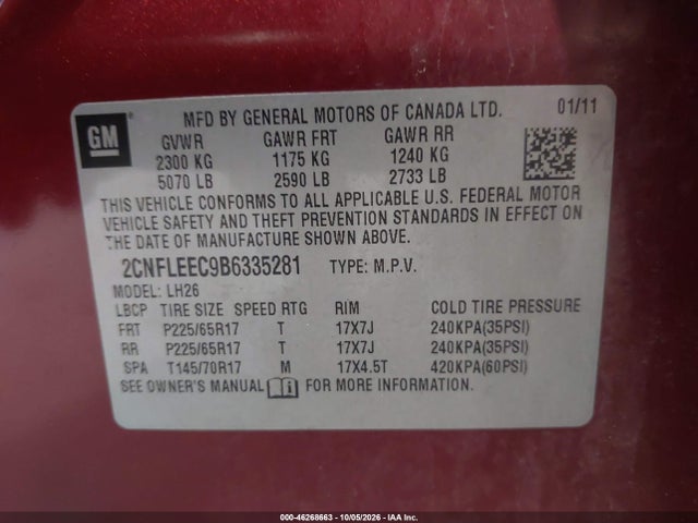 2011 Chevrolet Equinox 1lt მანქანა იყიდება აუქციონზე, vin: 2CNFLEEC9B6335281, აუქციონის ნომერი: 46268663