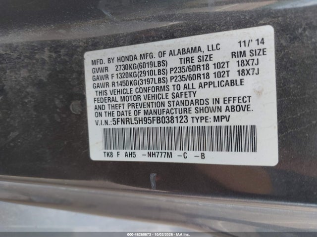 Aukcja sprzedaży 2015 Honda Odyssey Touring/touring Elite, vin: 5FNRL5H95FB038123, numer aukcji: 46268673