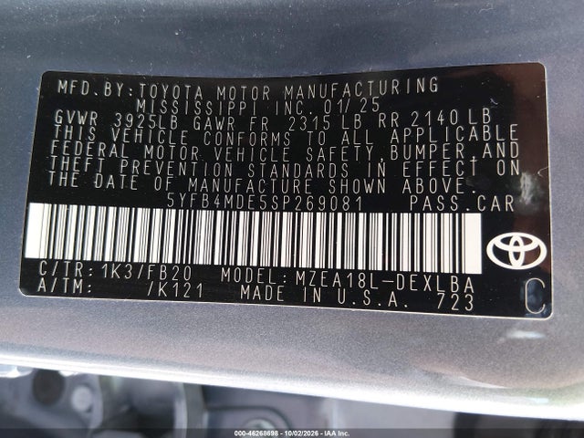 Продажа на аукционе авто 2025 Toyota Corolla Le, vin: 5YFB4MDE5SP269081, номер лота: 46268698