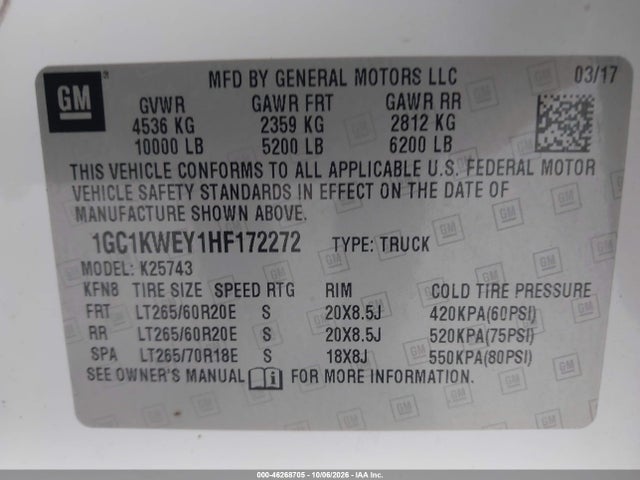 46268705 :رقم المزاد ، 1GC1KWEY1HF172272 vin ، 2017 Chevrolet Silverado 2500hd Ltz مزاد بيع