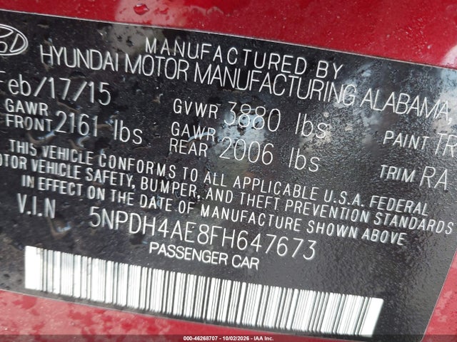 Aukcja sprzedaży 2015 Hyundai Elantra Se, vin: 5NPDH4AE8FH647673, numer aukcji: 46268707