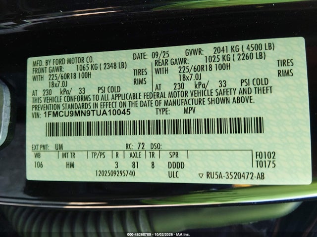 46268709 :رقم المزاد ، 1FMCU9MN9TUA10045 vin ، 2026 Ford Escape St-line مزاد بيع