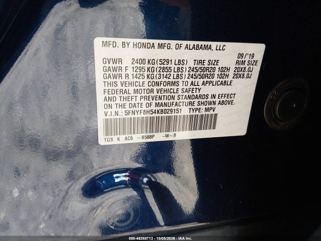 Продаж на аукціоні авто 2019 Honda Passport Ex-l, vin: 5FNYF8H54KB029151, номер лоту: 46268713