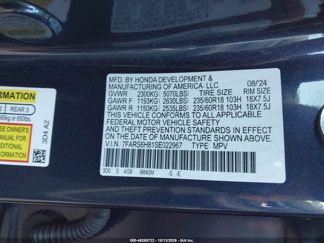 2025 Honda Cr-v Hybrid Sport-l მანქანა იყიდება აუქციონზე, vin: 7FARS6H81SE022967, აუქციონის ნომერი: 46268722