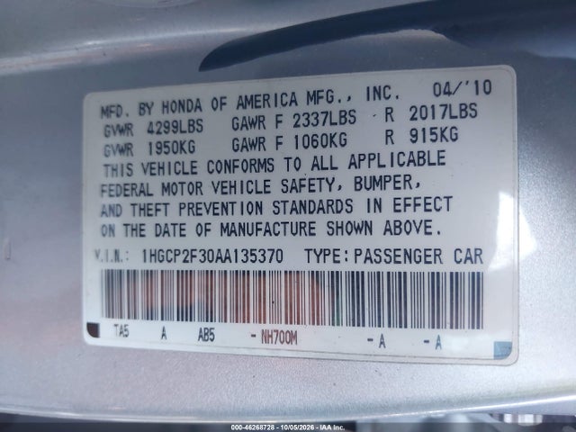 46268728 :رقم المزاد ، 1HGCP2F30AA135370 vin ، 2010 Honda Accord 2.4 Lx مزاد بيع