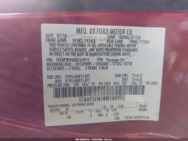 2011 Ford Focus Se მანქანა იყიდება აუქციონზე, vin: 1FAHP3FN5BW104993, აუქციონის ნომერი: 46268742