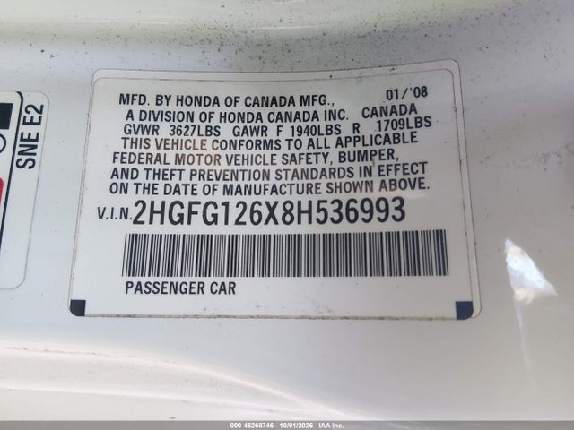 Aukcja sprzedaży 2008 Honda Civic Lx, vin: 2HGFG126X8H536993, numer aukcji: 46268746