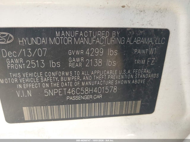 2008 Hyundai Sonata Gls მანქანა იყიდება აუქციონზე, vin: 5NPET46C58H401578, აუქციონის ნომერი: 46268747