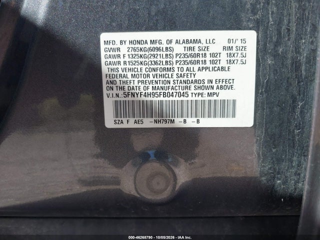 2015 Honda Pilot Touring მანქანა იყიდება აუქციონზე, vin: 5FNYF4H95FB047045, აუქციონის ნომერი: 46268790