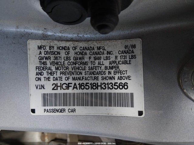 2008 Honda Civic Lx მანქანა იყიდება აუქციონზე, vin: 2HGFA16518H313566, აუქციონის ნომერი: 46268811