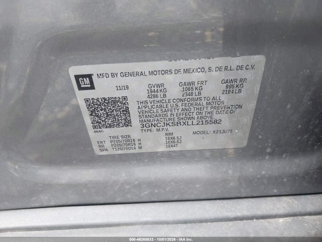 Aukcja sprzedaży 2020 Chevrolet Trax Fwd Ls, vin: 3GNCJKSBXLL215582, numer aukcji: 46268833