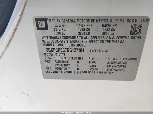 46268860 :رقم المزاد ، 3GCPCREC7GG127184 vin ، 2016 Chevrolet Silverado 1500 1lt مزاد بيع