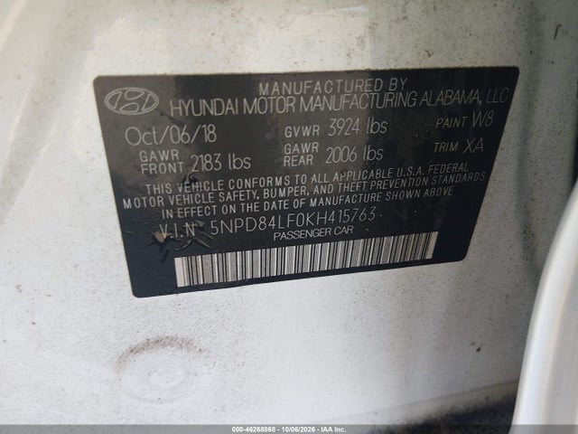 Aukcja sprzedaży 2019 Hyundai Elantra Sel/value/limited, vin: 5NPD84LF0KH415763, numer aukcji: 46268868